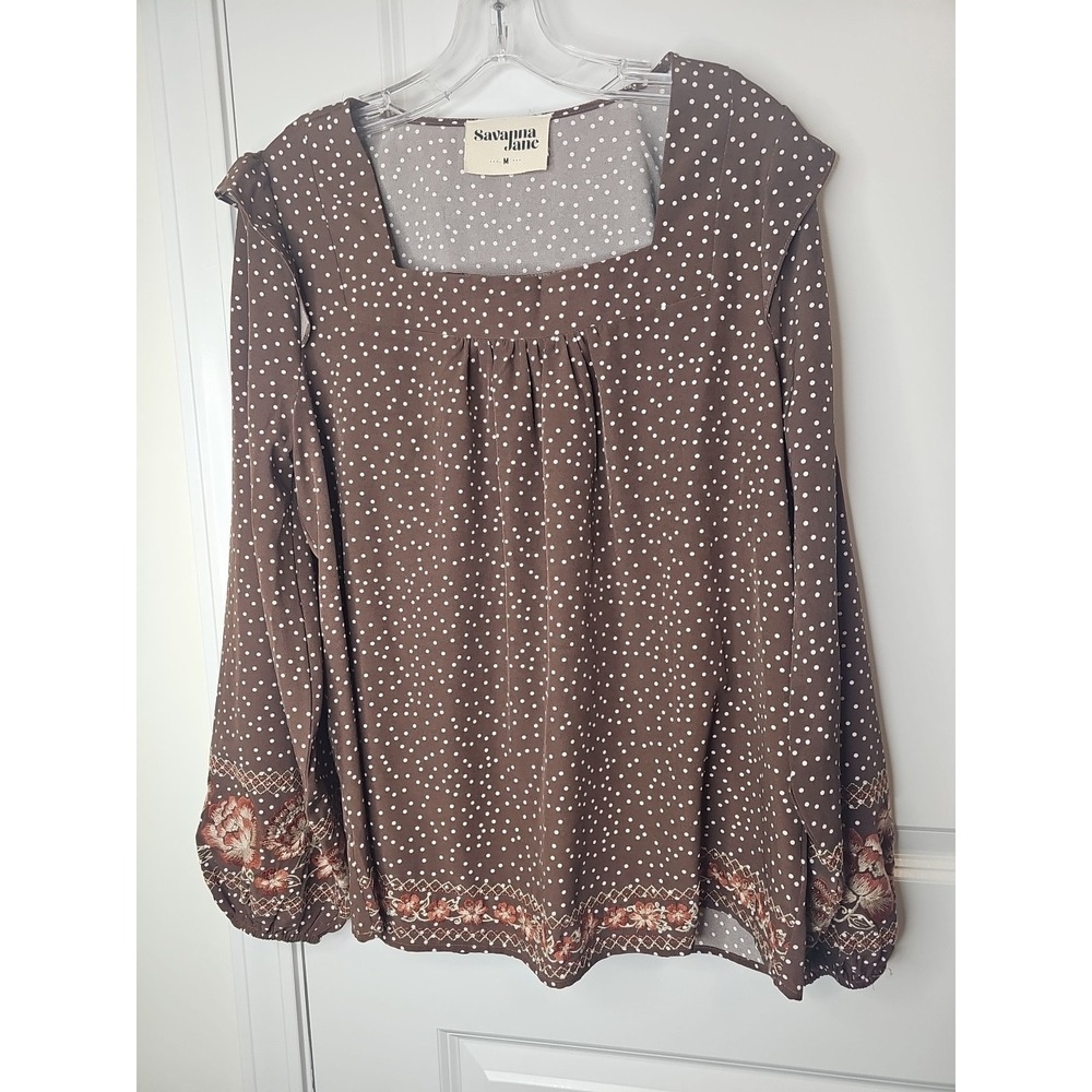 Savanna Janeβ Brown Polka Dot Floral Embroidered Ruffle Puff Sleeve Top Size M